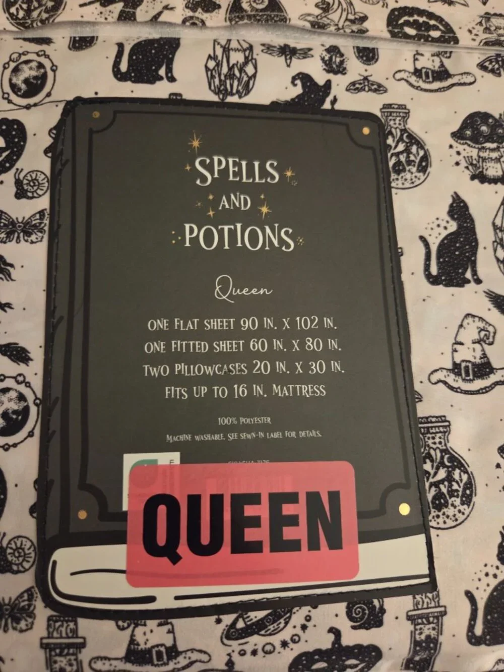 Spells & Potions Witch Black Cat Queen Sheet Set Gothic Glam Halloween 4 Piece